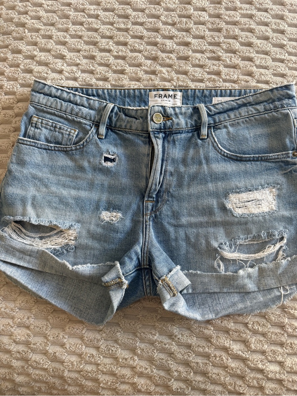 Frame Denim Light Blue Distressed Rolled-Hem Jean Shorts